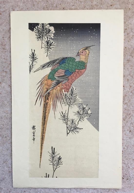 Japanese School, 4 woodblock prints, Studies of birds and a fish, largest 38 x 26cm, unframed, Ex Joe Hloucha collection